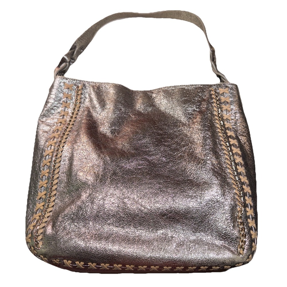Elaine Turner Women's Metallic Leather Hobo Handbag Purse Champagne Gold
